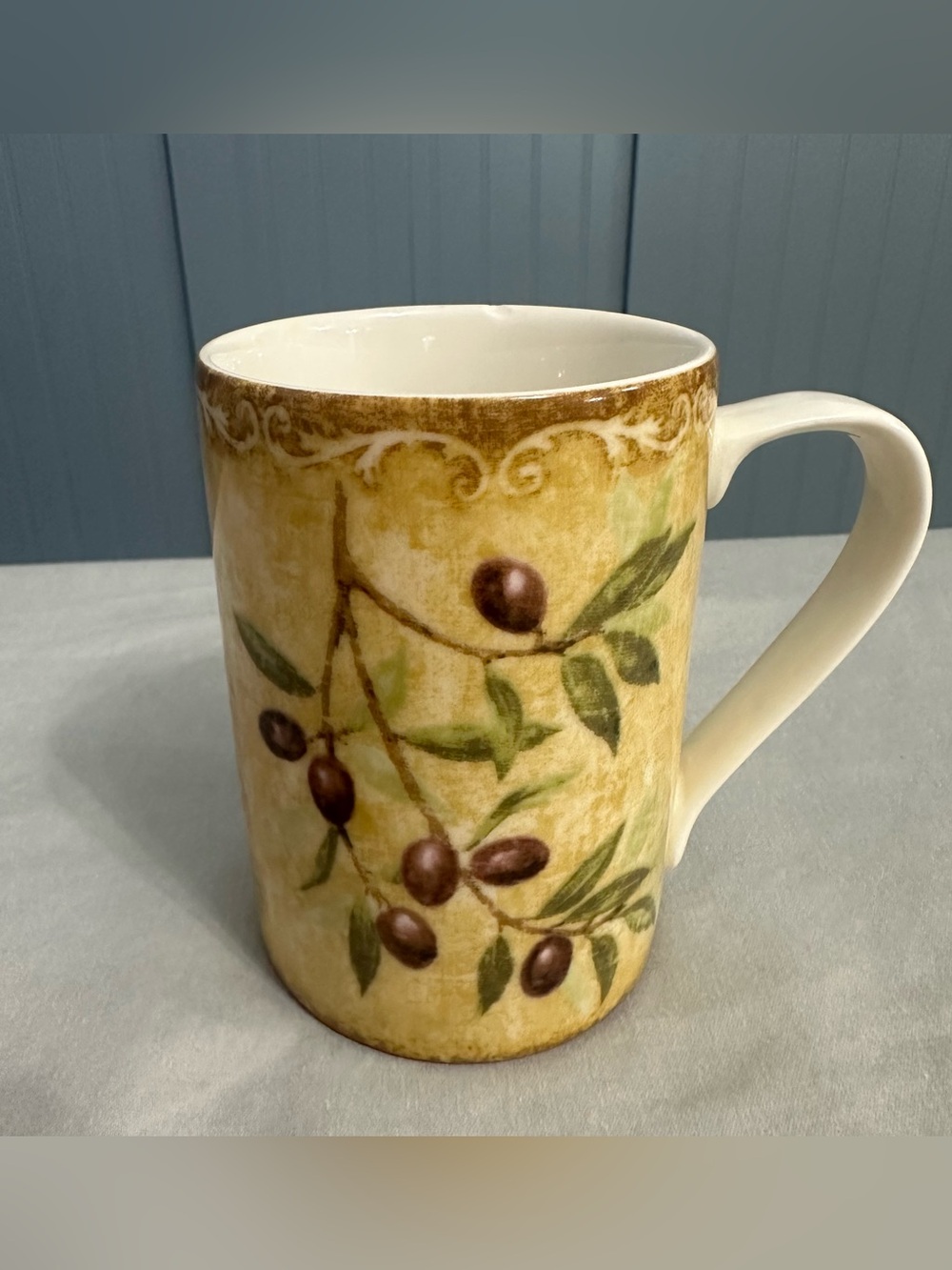 222 Fifth Oliveto Fine China Mug Olive Branch Pattern Discontinued Tuscan - Flaw